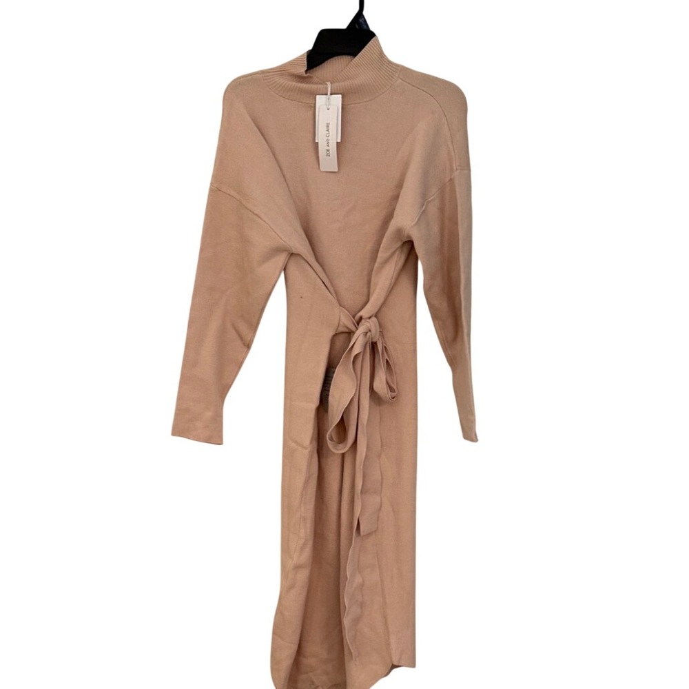 Zoe‎ and Claire Mock Neck Tie Waist Knit maxi Sweater Dress beige NWT